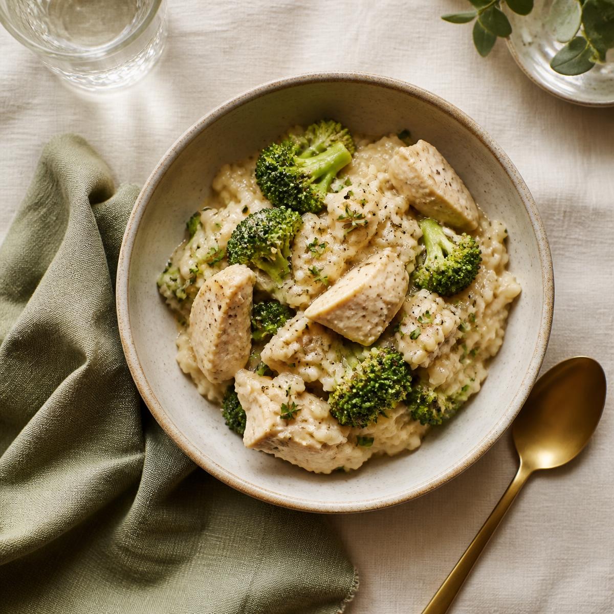 A creamy chicken and rice bowl with broccoli in a stoneware bowl